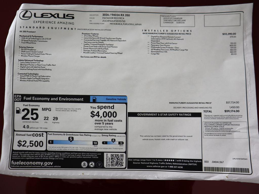 new 2026 Lexus RX 350 car, priced at $59,174