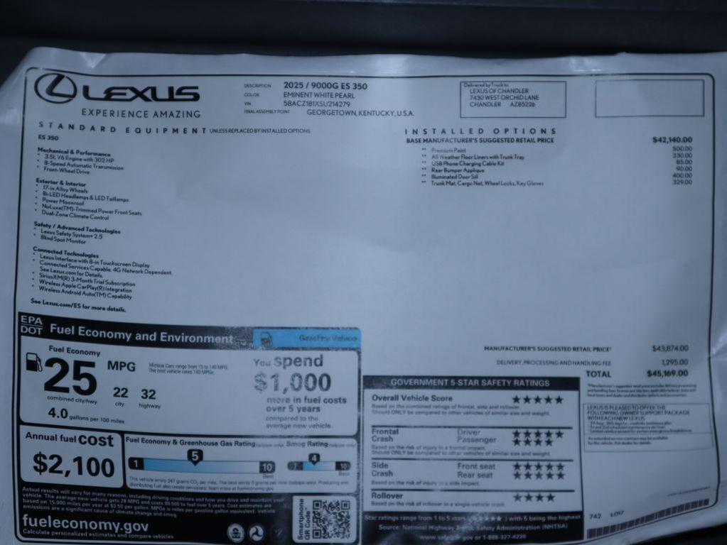 new 2025 Lexus ES 350 car, priced at $45,169