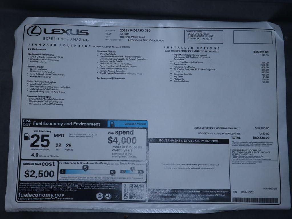 new 2026 Lexus RX 350 car, priced at $60,330