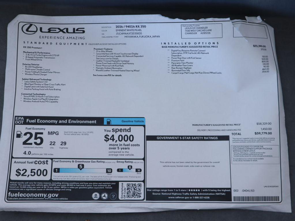 new 2026 Lexus RX 350 car, priced at $59,779