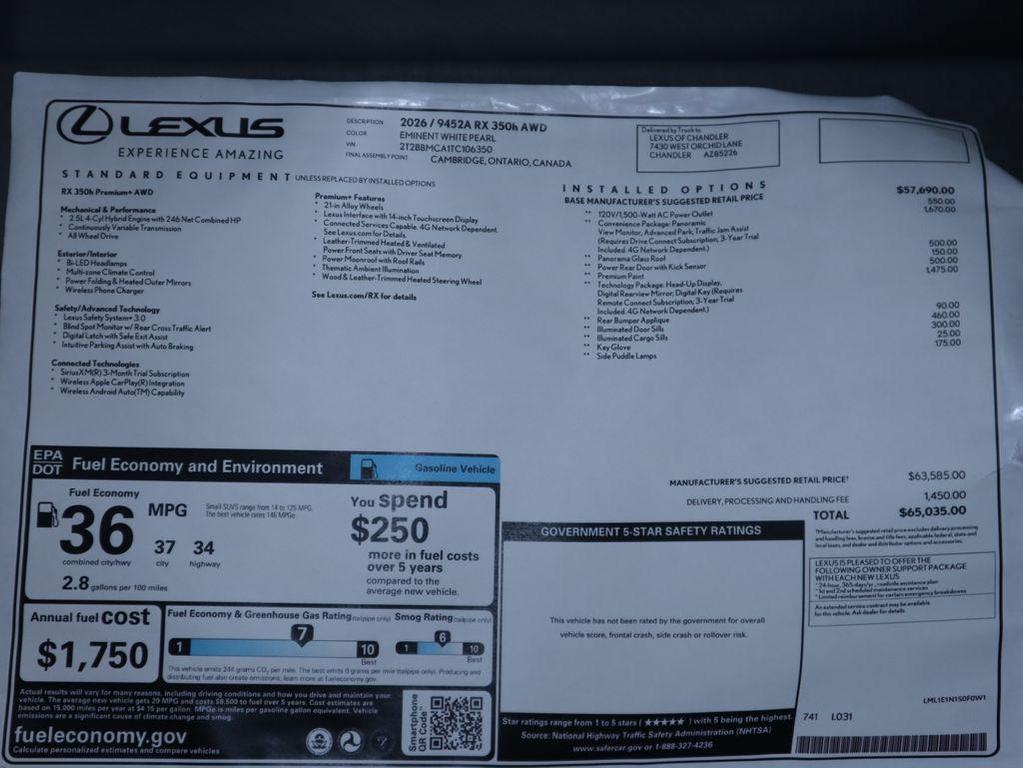 new 2026 Lexus RX 350 car, priced at $65,035