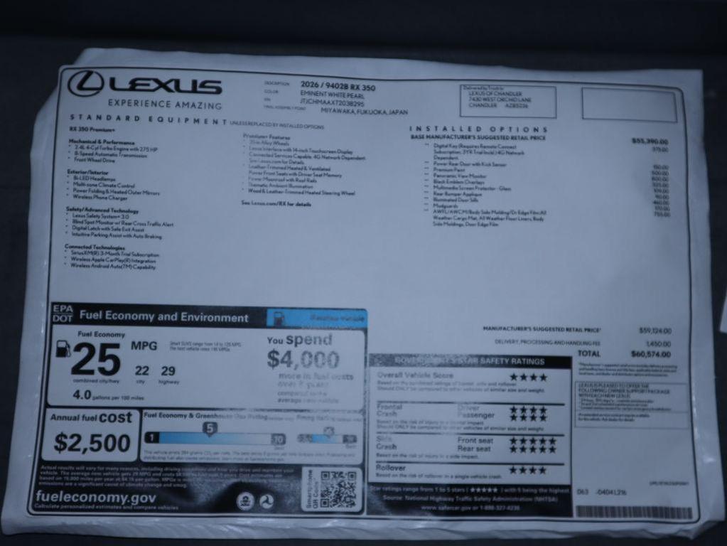 new 2026 Lexus RX 350 car, priced at $60,574