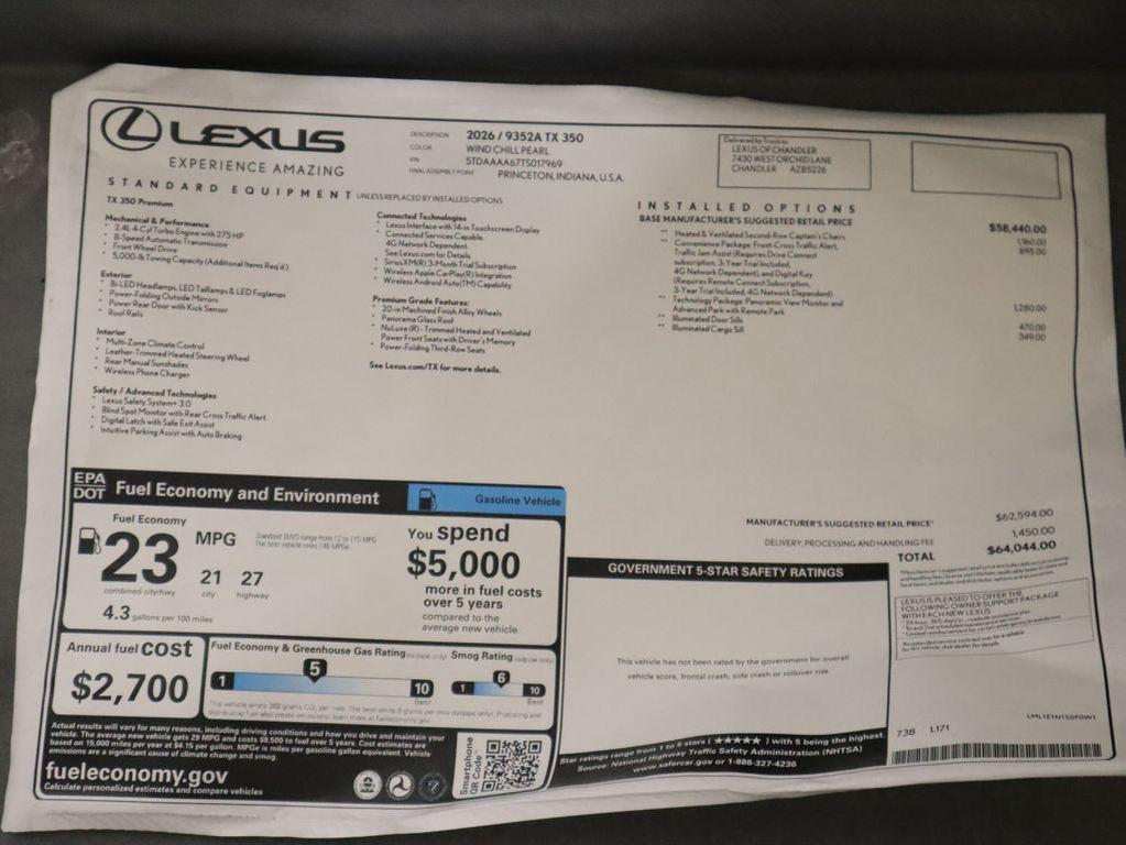 new 2026 Lexus TX 350 car, priced at $64,044