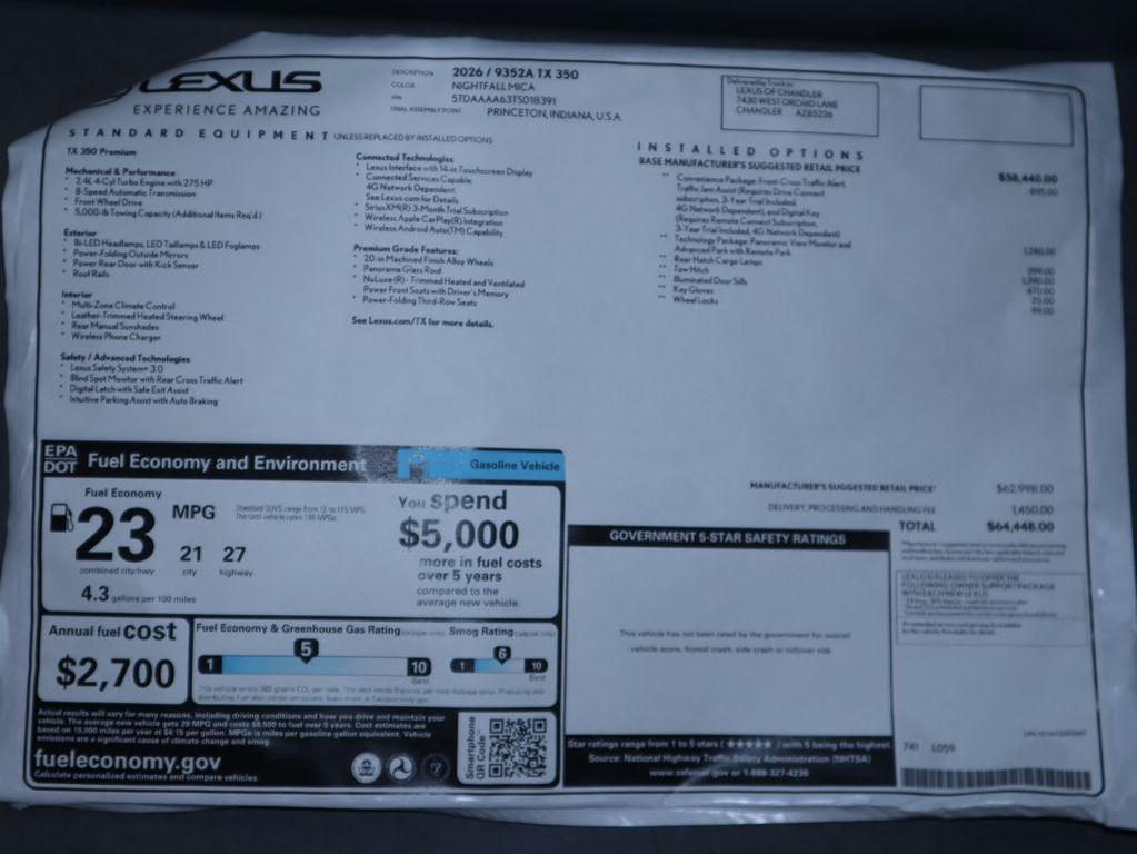 new 2026 Lexus TX 350 car, priced at $64,448