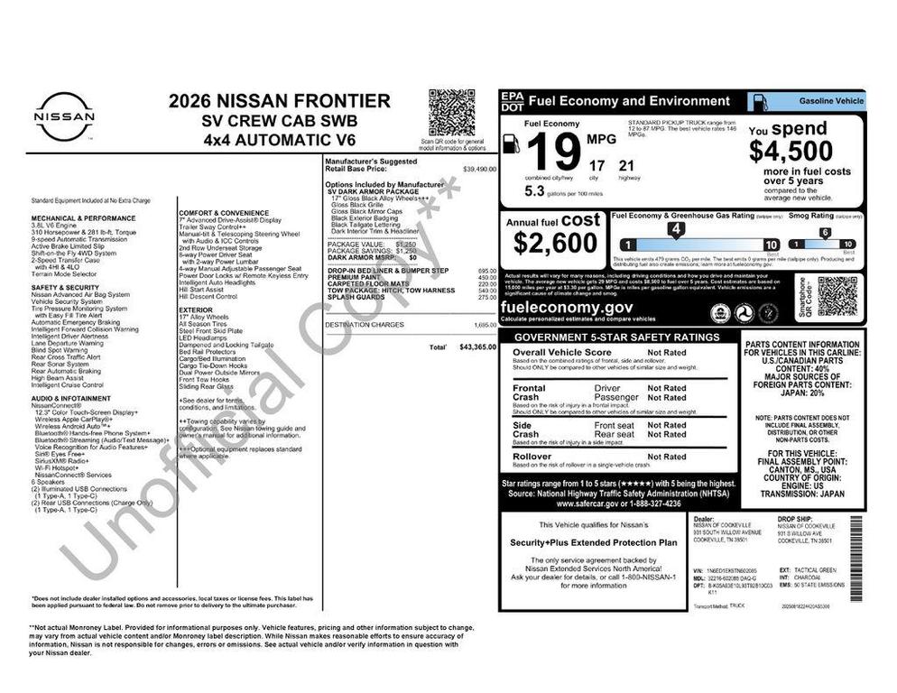 new 2026 Nissan Frontier car, priced at $38,950