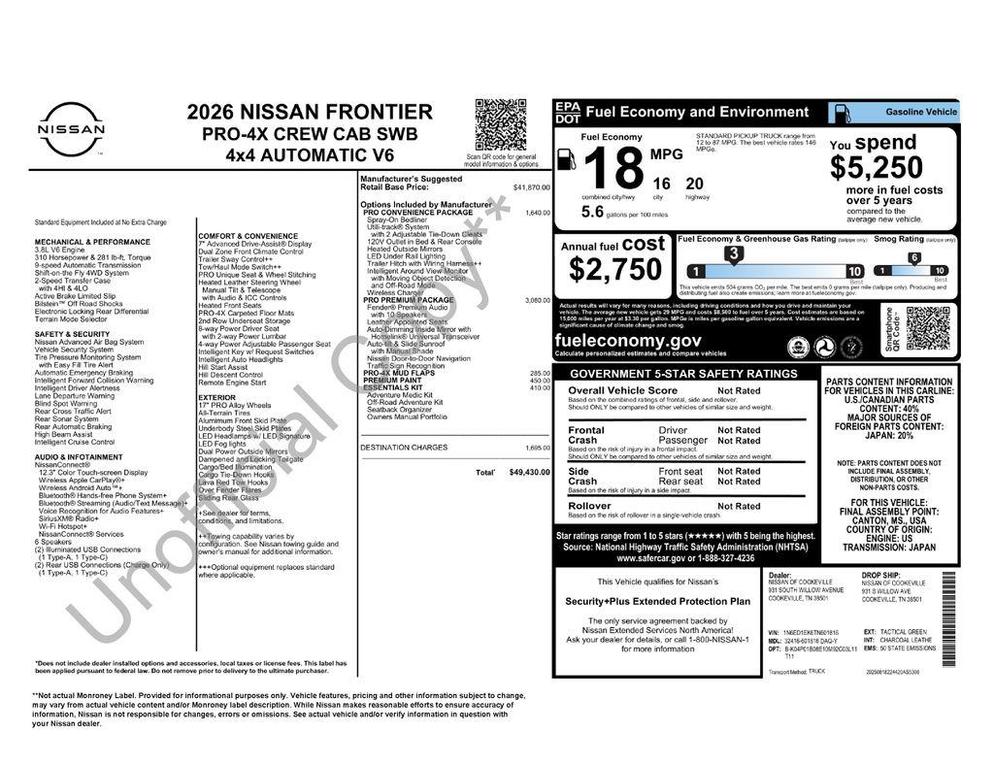 new 2026 Nissan Frontier car, priced at $44,401