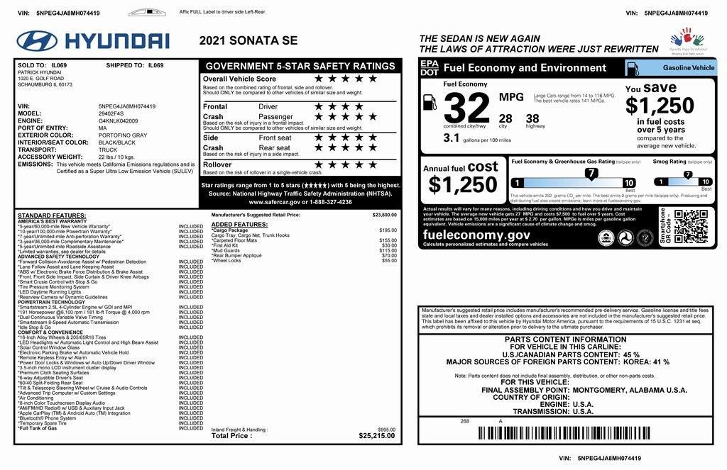 used 2021 Hyundai Sonata car, priced at $19,488