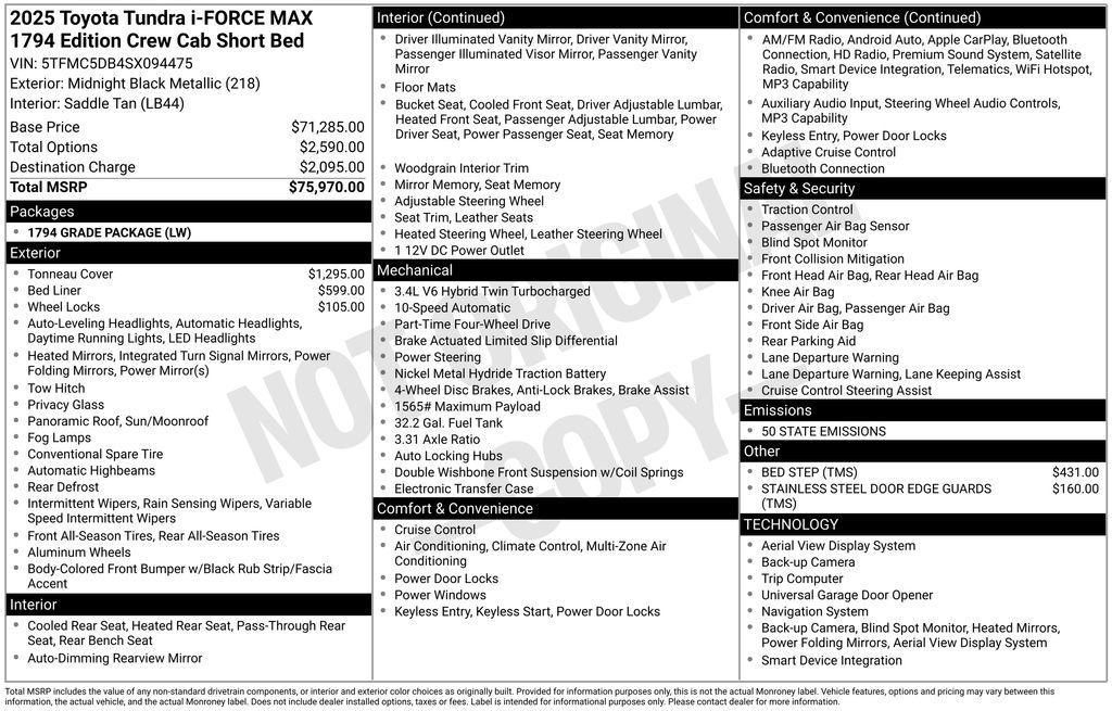 new 2025 Toyota Tundra Hybrid car, priced at $71,188