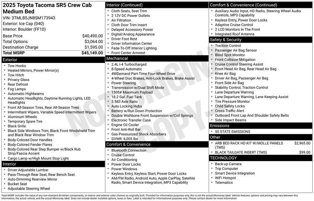 new 2025 Toyota Tacoma car, priced at $45,149