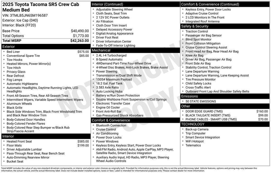 new 2025 Toyota Tacoma car, priced at $43,858