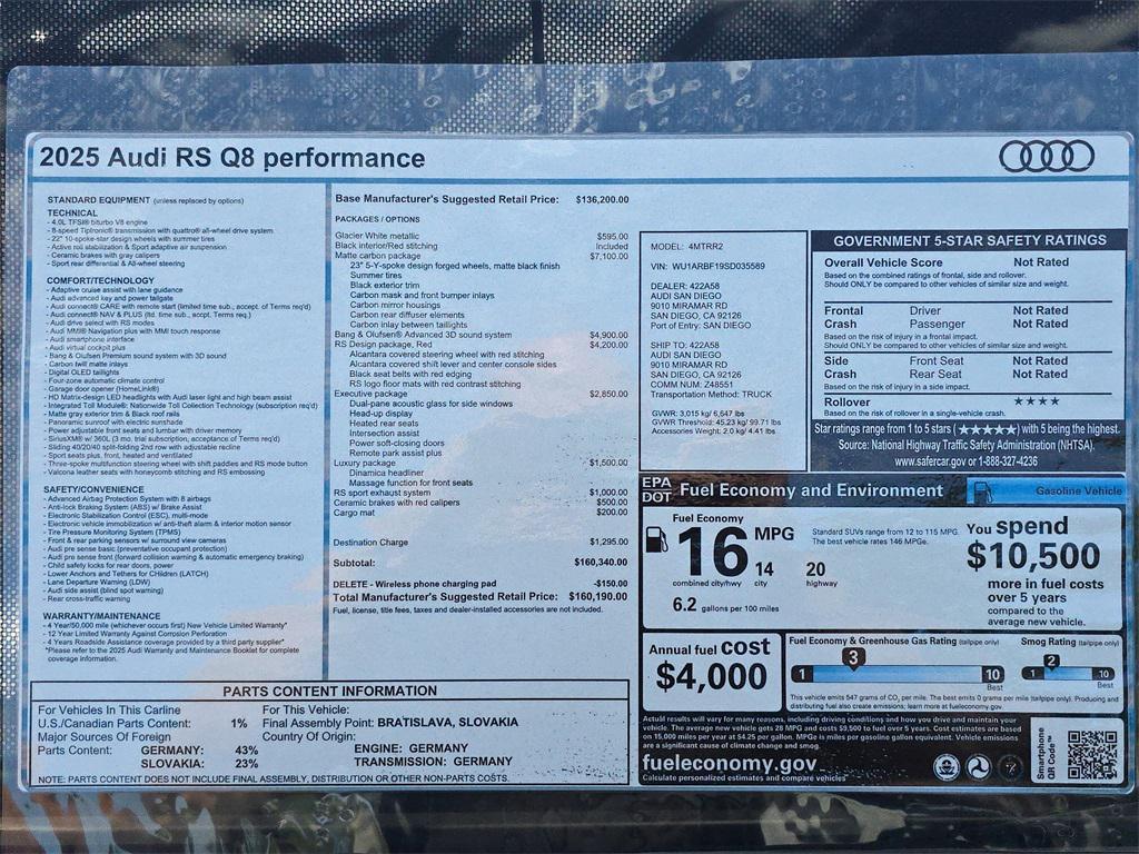 new 2025 Audi RS Q8 car, priced at $160,190