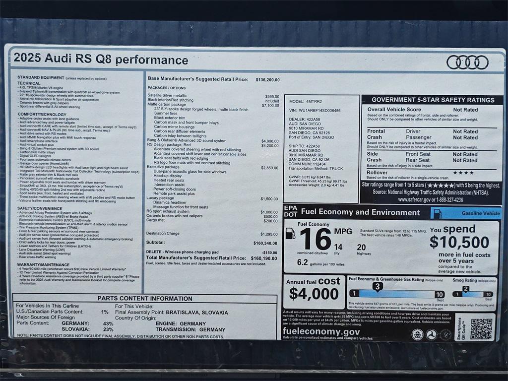 new 2025 Audi RS Q8 car, priced at $160,190