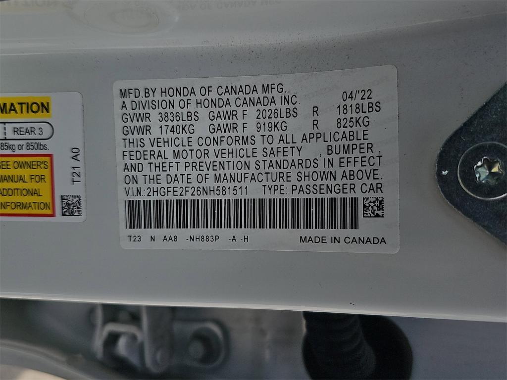 used 2022 Honda Civic car, priced at $22,500
