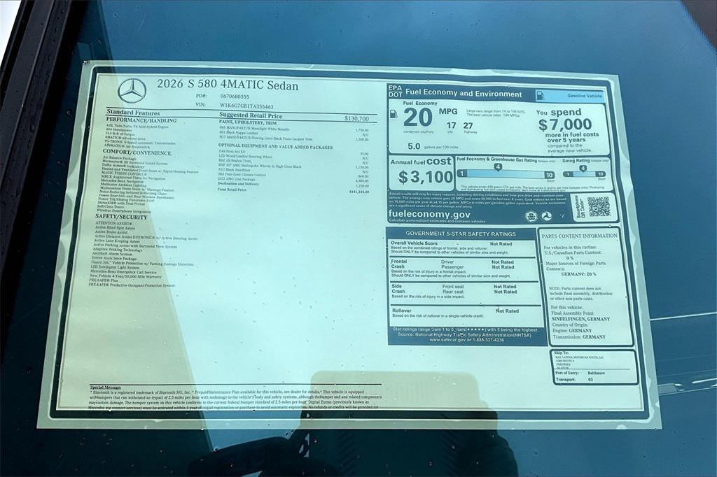 new 2026 Mercedes-Benz S-Class car, priced at $141,345