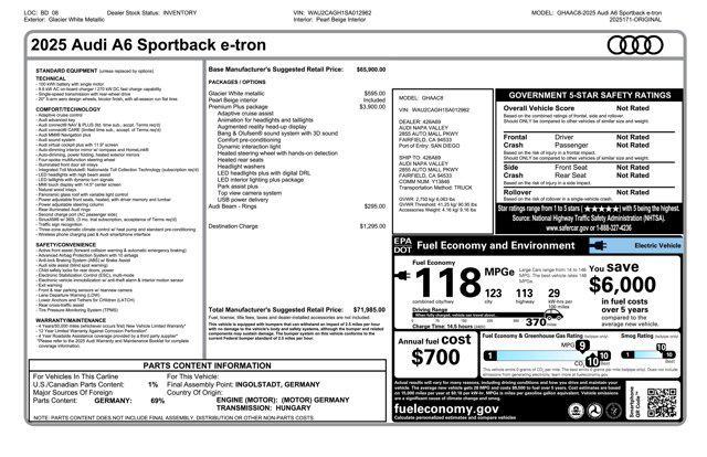 new 2025 Audi A6 e-tron car, priced at $71,985