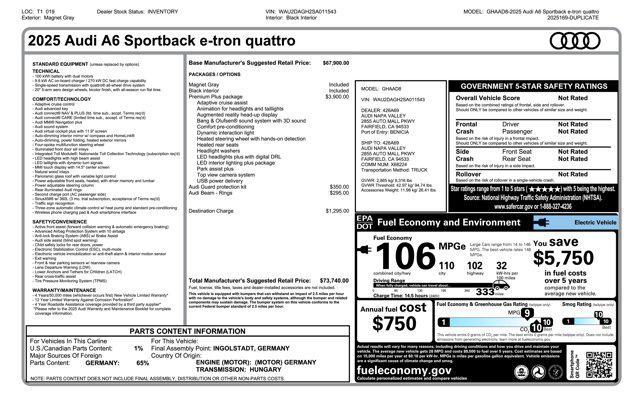 new 2025 Audi A6 e-tron car, priced at $73,740
