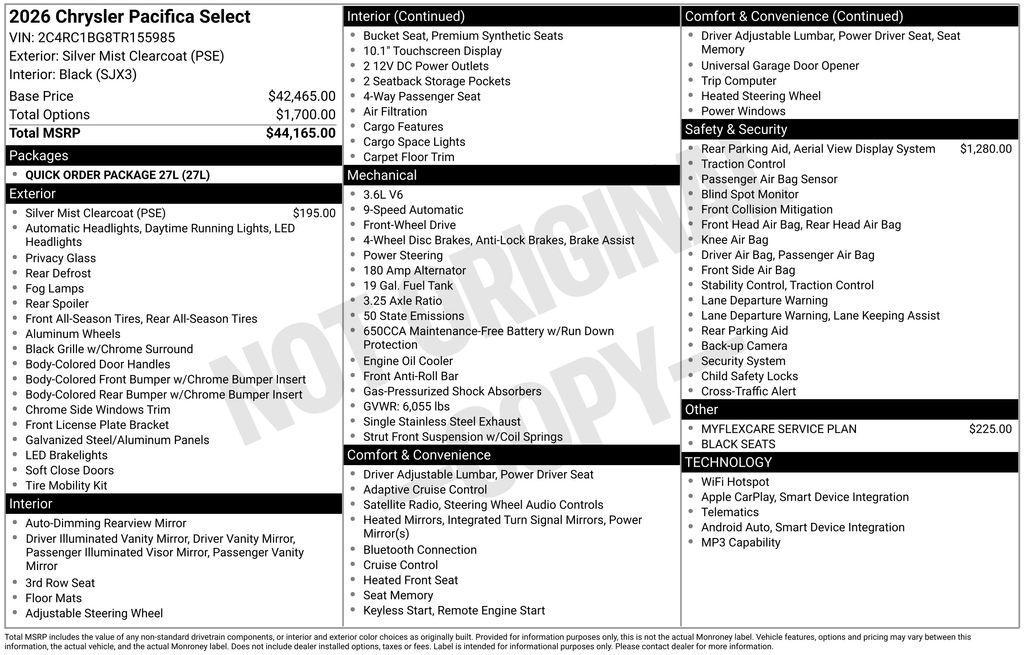 new 2026 Chrysler Pacifica car, priced at $45,160