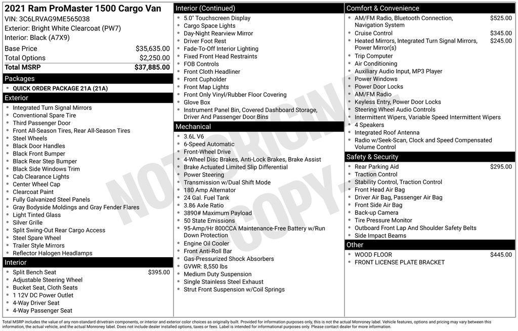 used 2021 Ram ProMaster 1500 car, priced at $22,000
