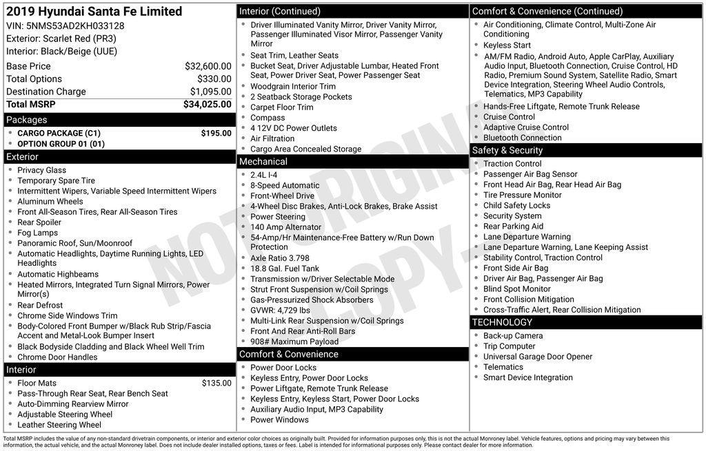 used 2019 Hyundai Santa Fe car, priced at $16,545