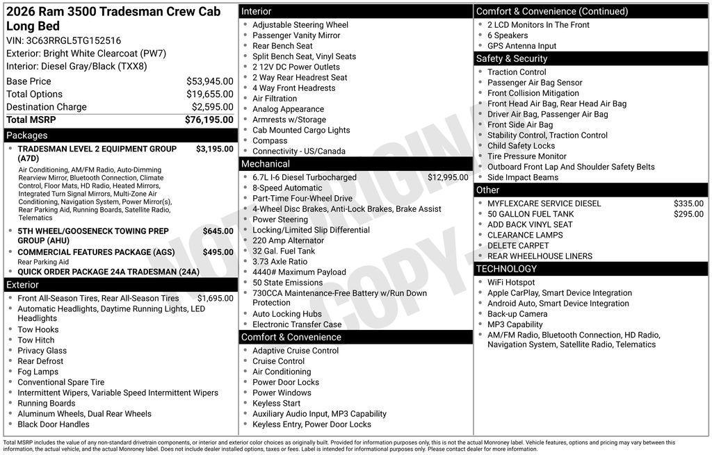 new 2026 Ram 3500 car, priced at $71,085