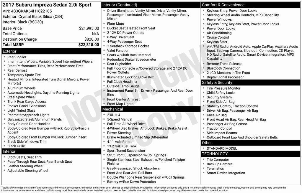 used 2017 Subaru Impreza car, priced at $12,505