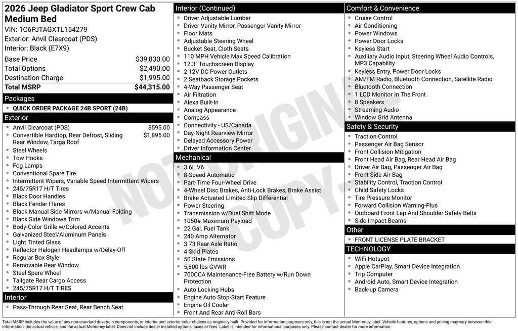 new 2026 Jeep Gladiator car, priced at $44,315