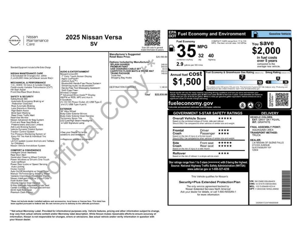 new 2025 Nissan Versa car, priced at $22,835