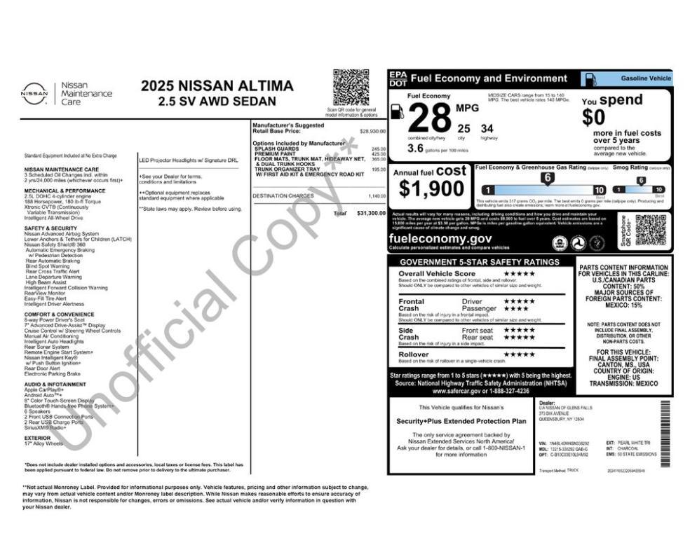 new 2025 Nissan Altima car, priced at $31,300
