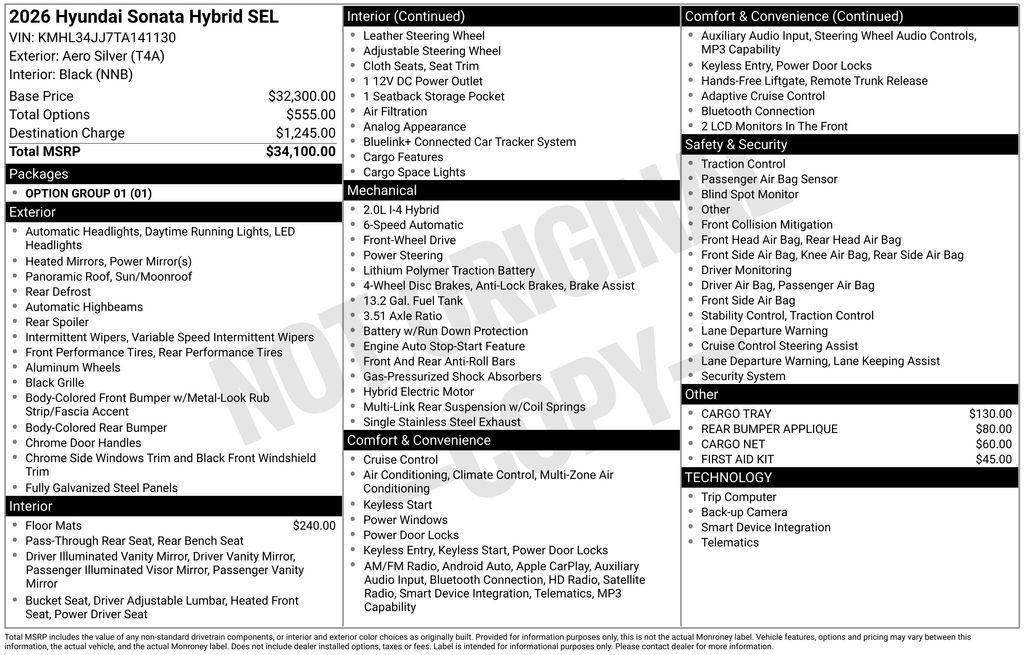 new 2026 Hyundai Sonata Hybrid car, priced at $34,100