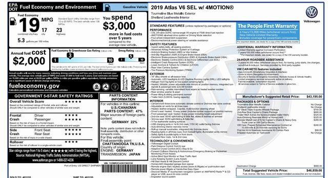used 2019 Volkswagen Atlas car, priced at $19,195