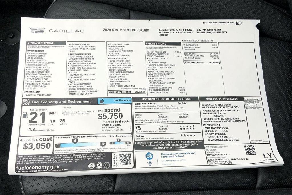 new 2025 Cadillac CT5 car, priced at $59,760