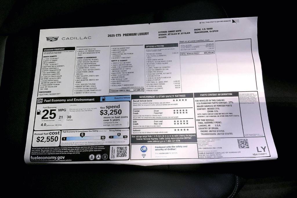 new 2025 Cadillac CT5 car, priced at $55,035