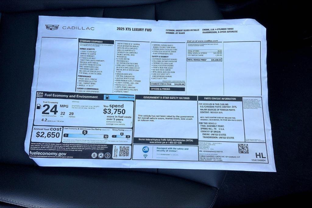 new 2025 Cadillac XT5 car, priced at $38,690