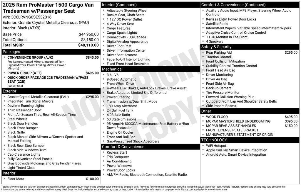 new 2025 Ram ProMaster 1500 car, priced at $45,420