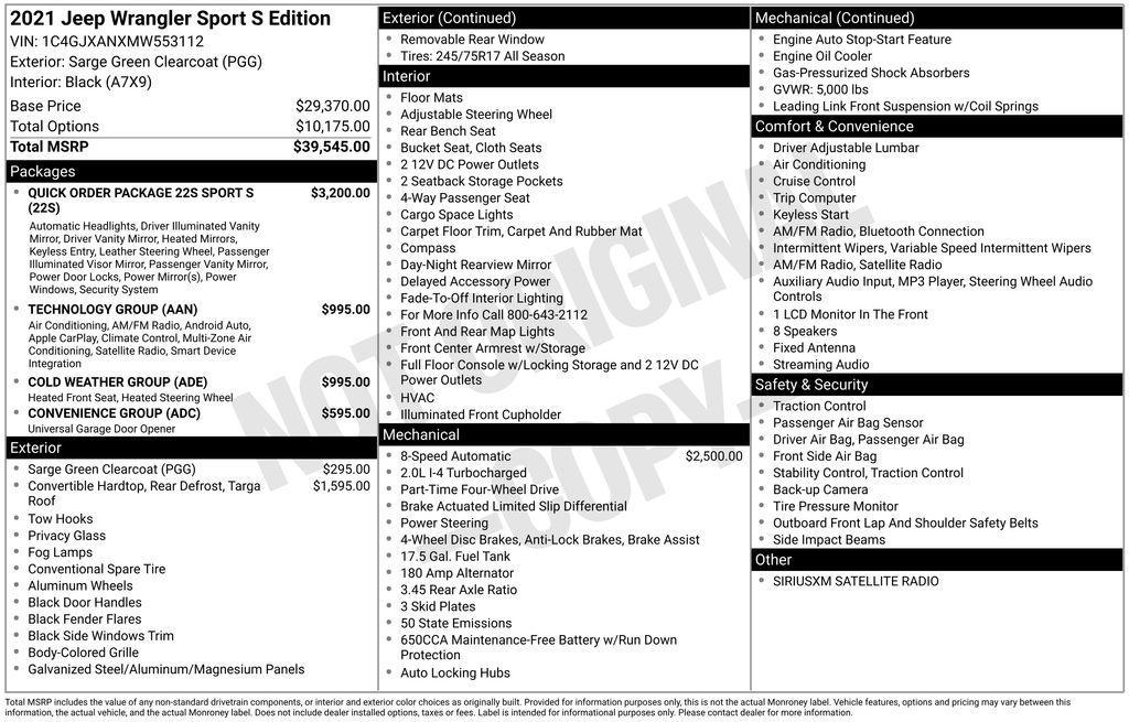 used 2021 Jeep Wrangler car, priced at $27,900
