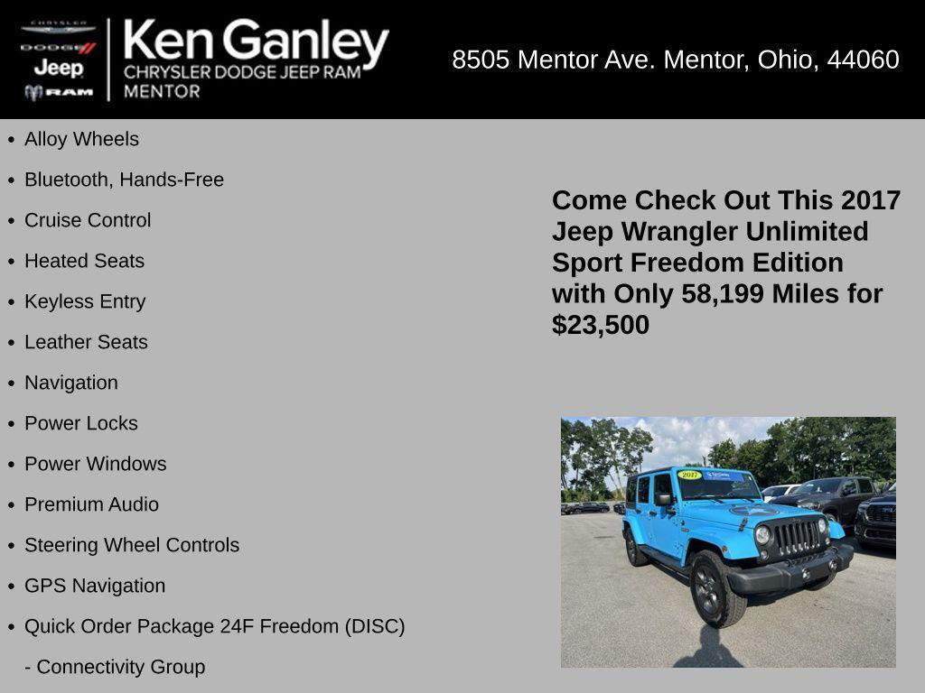 used 2017 Jeep Wrangler Unlimited car, priced at $23,500