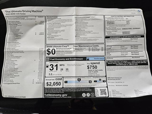 new 2025 BMW 530 car, priced at $67,625