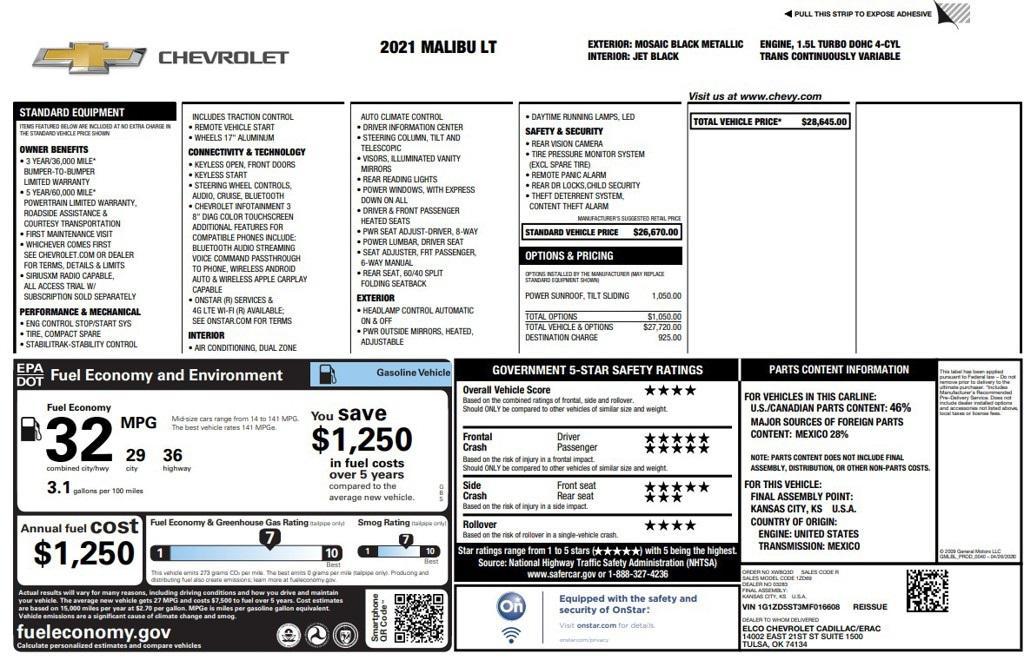 used 2021 Chevrolet Malibu car, priced at $16,533