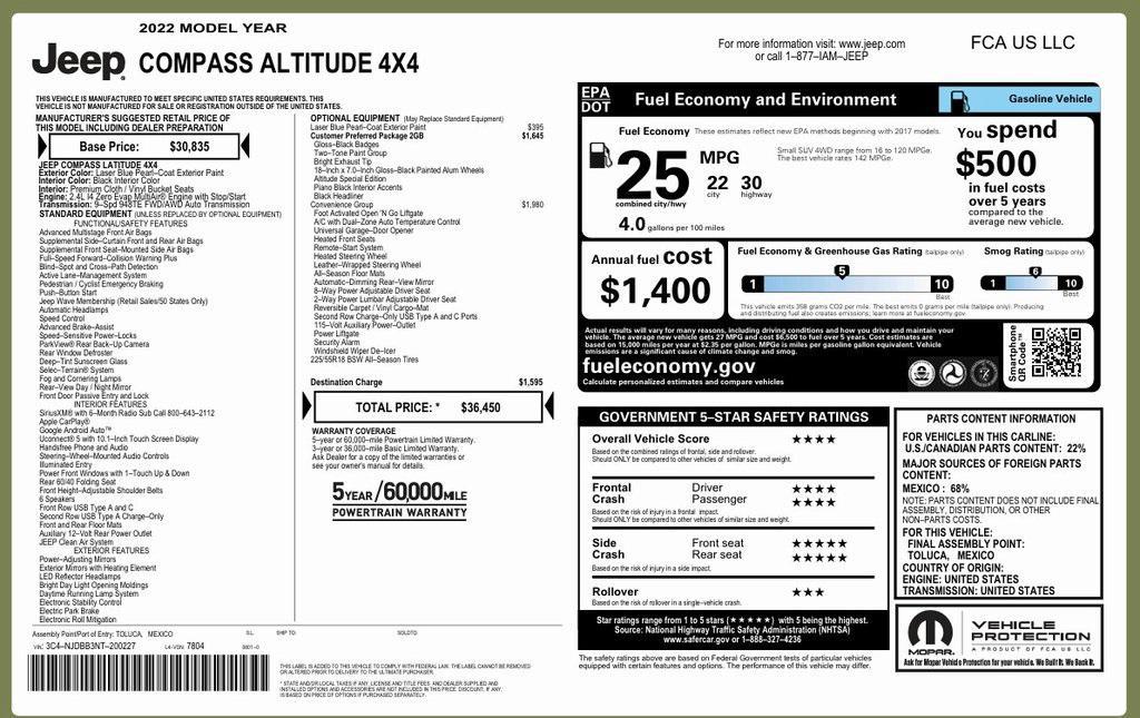 used 2022 Jeep Compass car, priced at $23,503