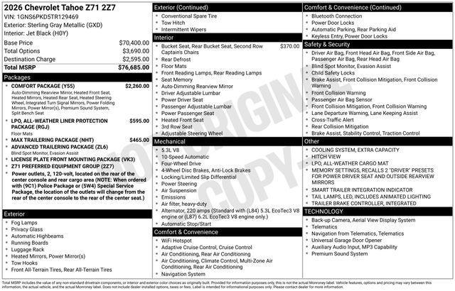 new 2026 Chevrolet Tahoe car, priced at $74,268