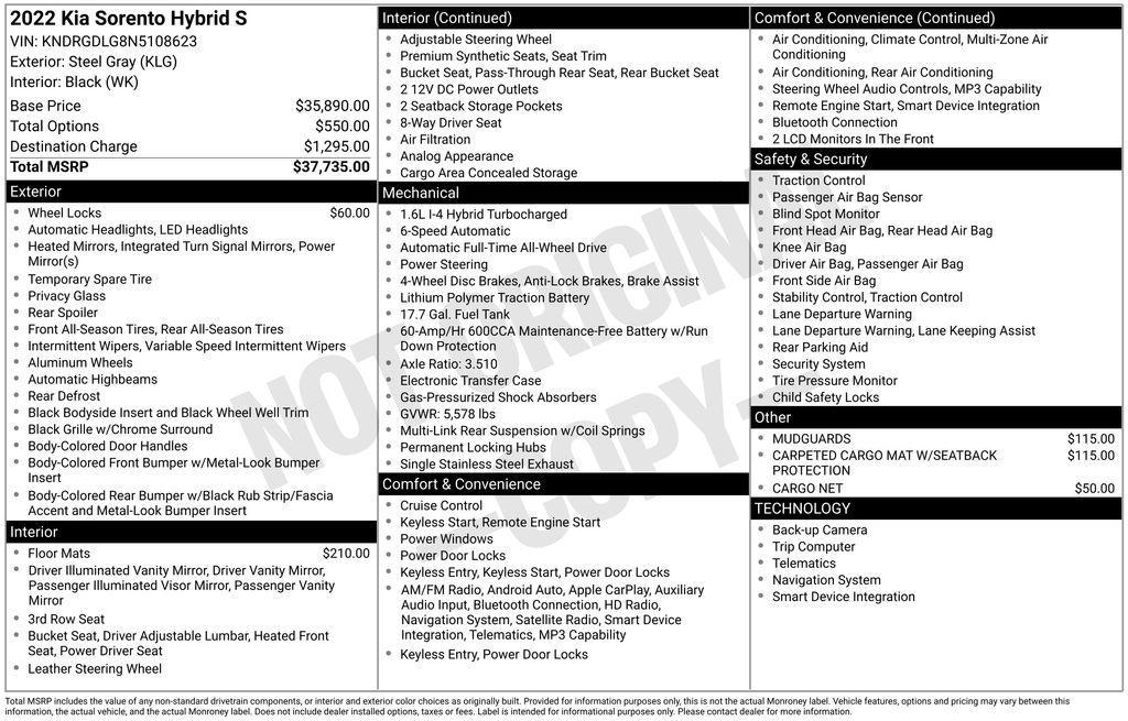 used 2022 Kia Sorento Hybrid car, priced at $23,488