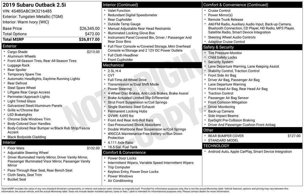 used 2019 Subaru Outback car, priced at $18,139