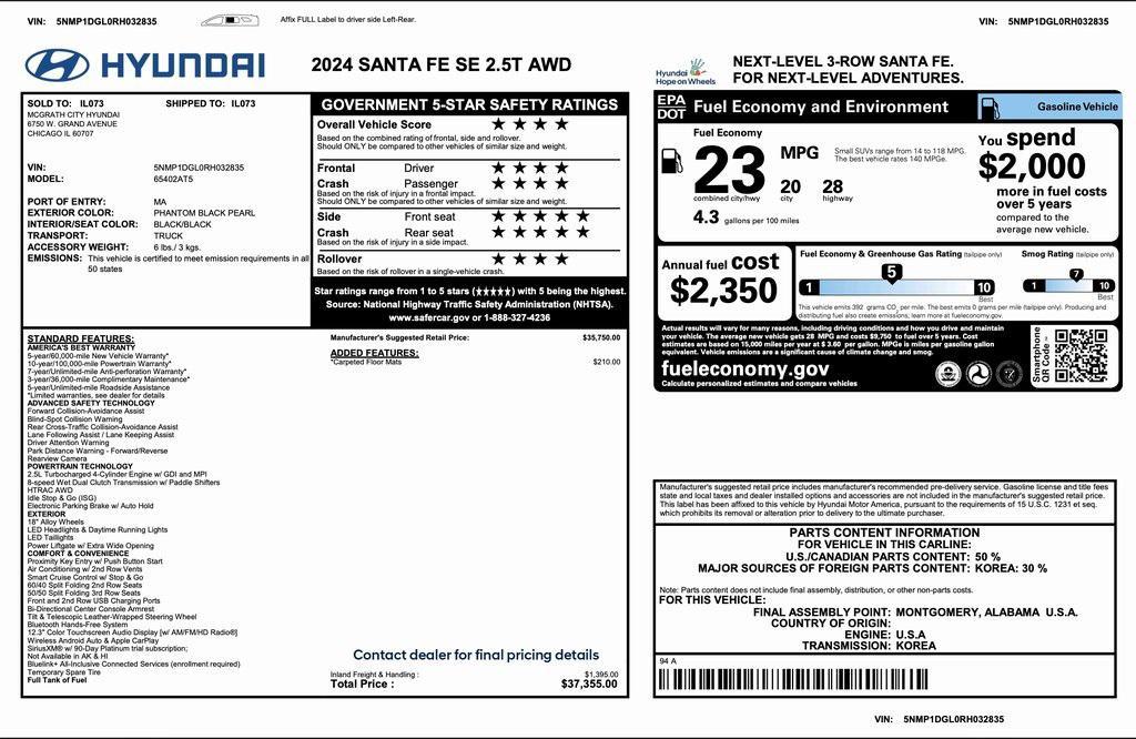 used 2024 Hyundai Santa Fe car, priced at $28,494