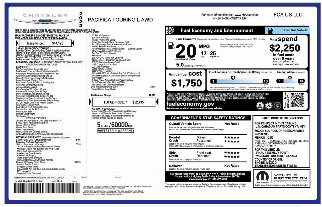 used 2022 Chrysler Pacifica car, priced at $35,194