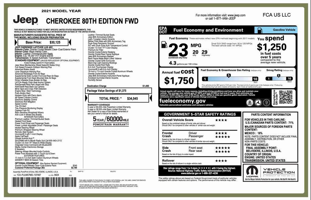 used 2021 Jeep Cherokee car, priced at $23,494