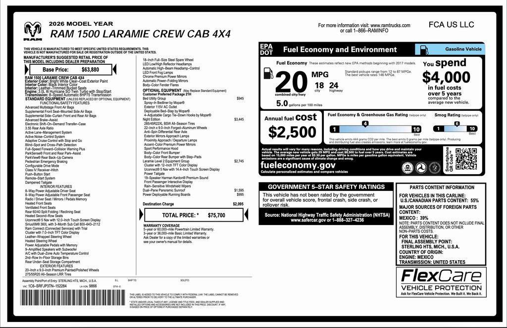 new 2026 Ram 1500 car, priced at $64,200