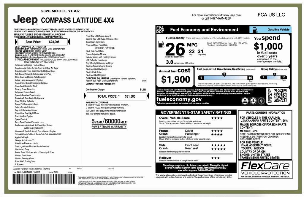 new 2026 Jeep Compass car, priced at $27,085