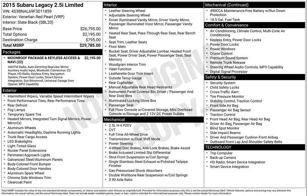 used 2015 Subaru Legacy car, priced at $10,000