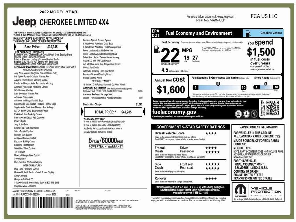 used 2022 Jeep Cherokee car, priced at $23,784