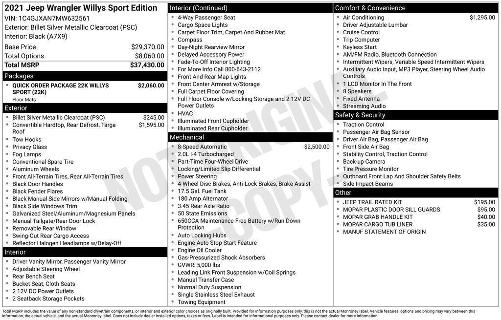 used 2021 Jeep Wrangler car, priced at $26,500